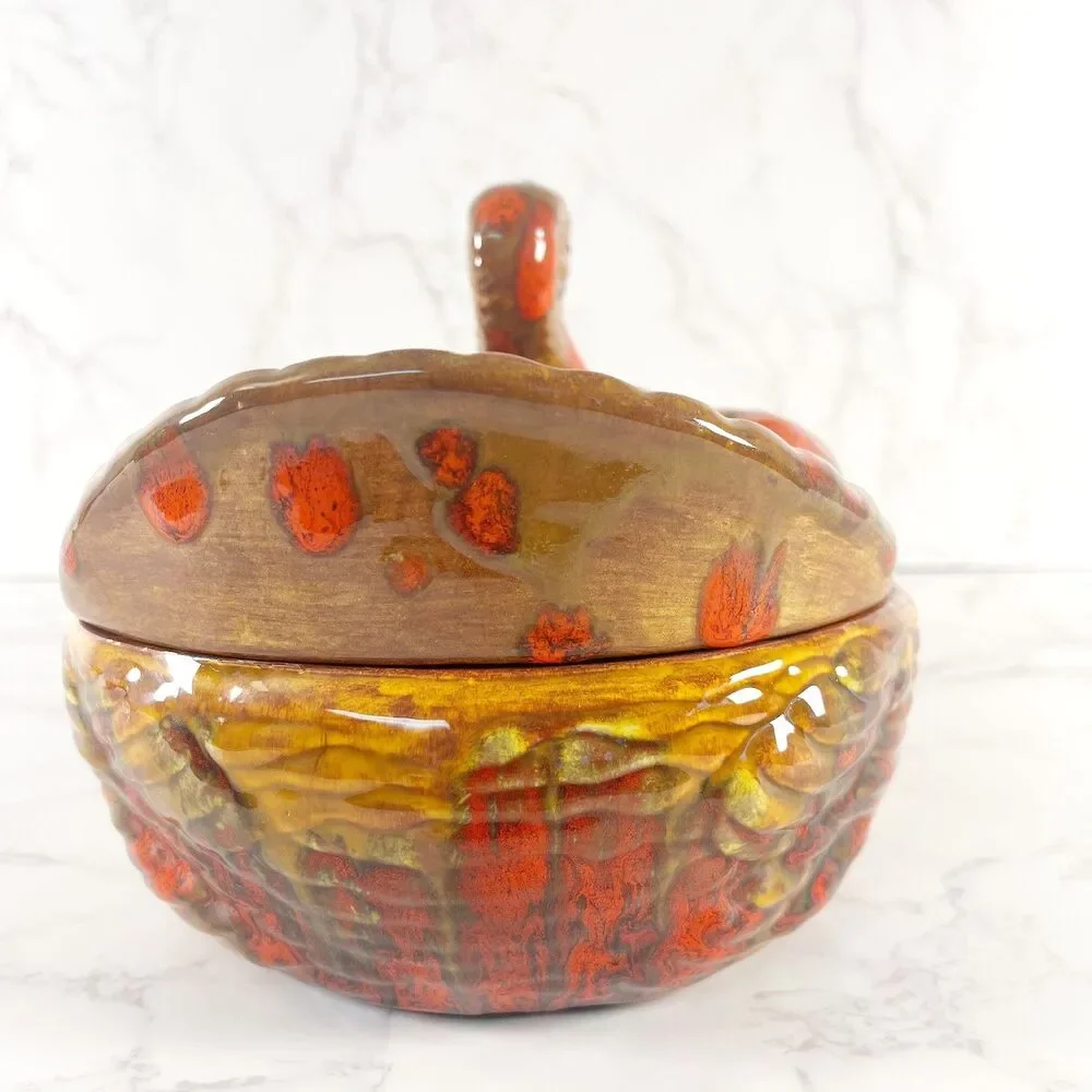 Vintage 1970s Ceramic Turkey Tureen with Lid Drip Glaze Fall Casserole Dish